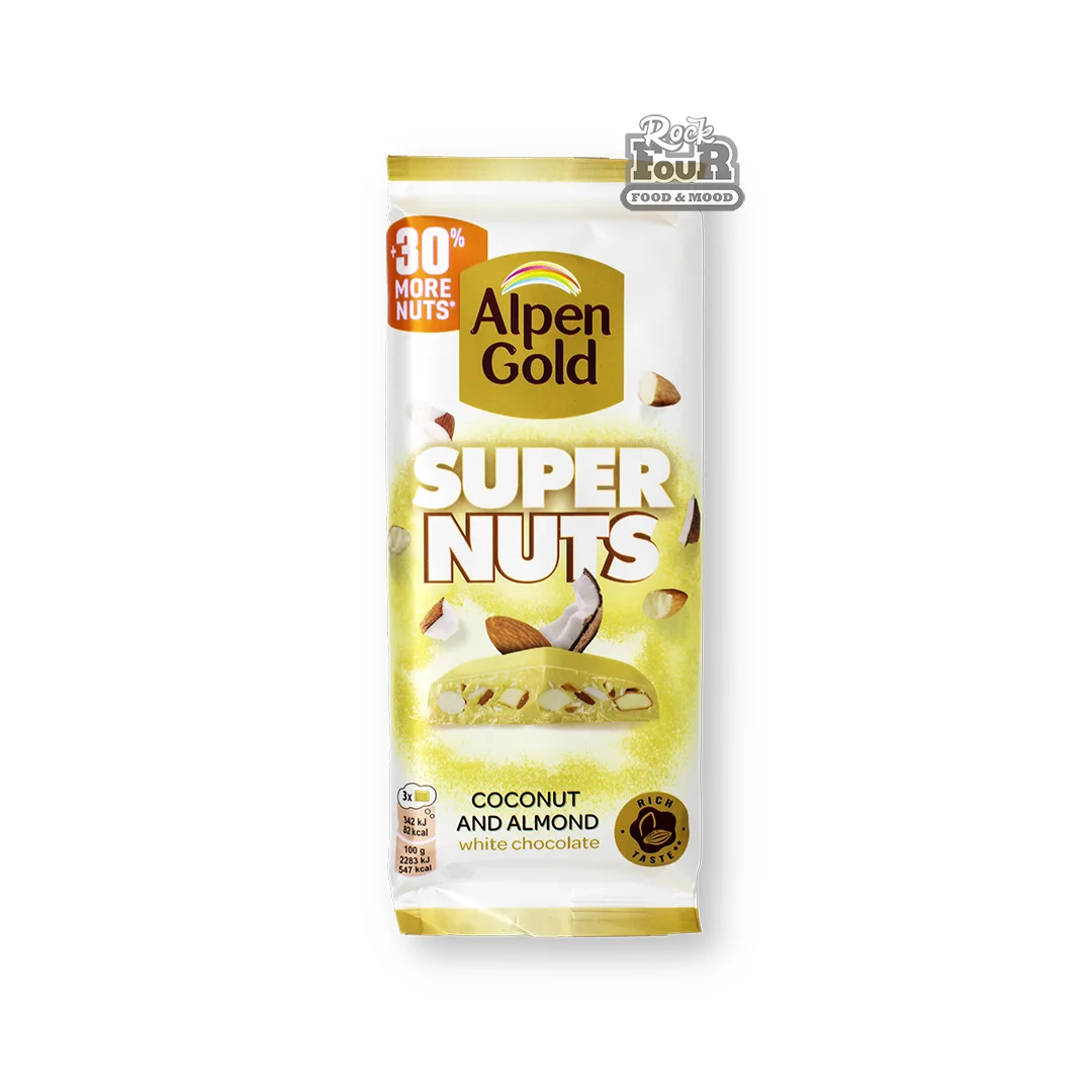 Սպիտակ շոկոլադե սալիկ «Alpen Gold Super Nuts» նուշով և կոկոսի նրբաշերտով 120գ